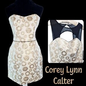 Anthropologie Corey lynn Carter gold metallic circle dress with cutout neckline